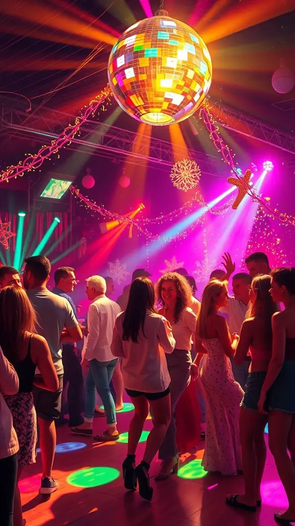 A lively Christmas disco party with colorful lights and a disco ball, featuring people dancing and celebrating.