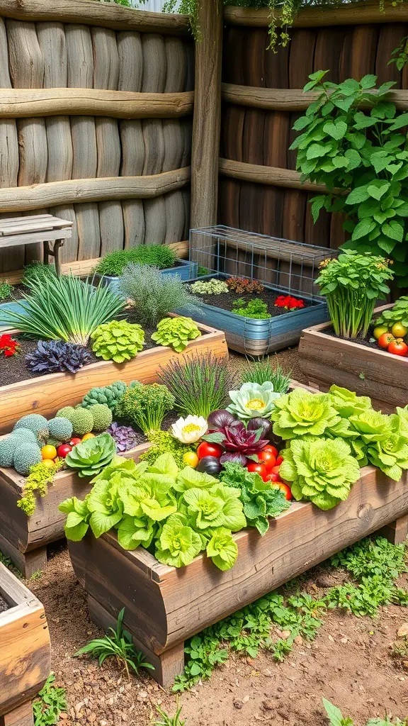 Raised garden beds made from logs filled with various vegetables and herbs