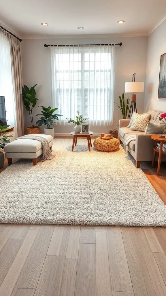 29+ Stylish Living Room Area Rug Ideas to Transform Your Space 5 A cozy living room featuring a soft textured rug, light furniture, and plants.