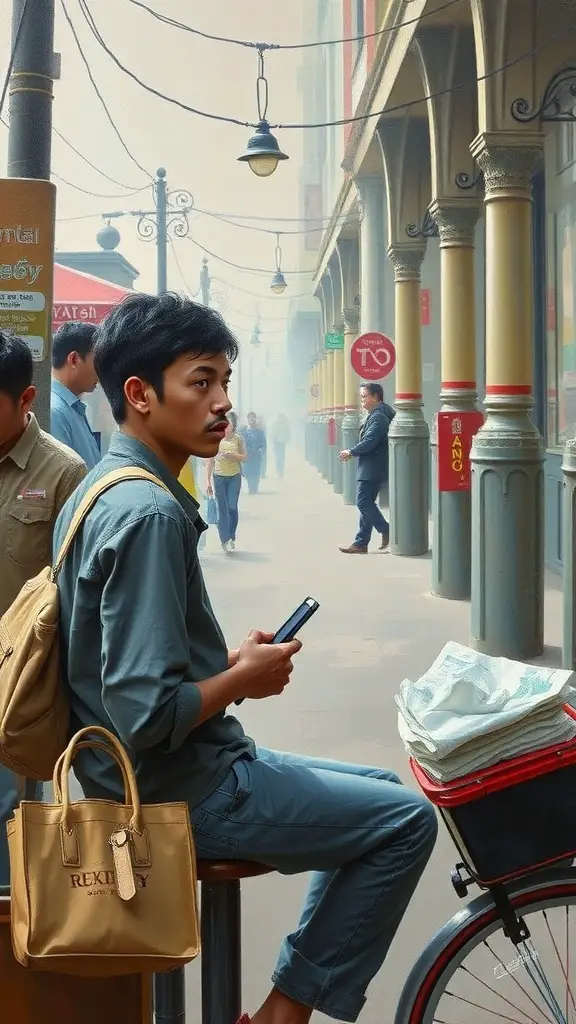 29+ Inspiring Acrylic Painting Ideas to Spark Your Creativity 14 A young man sitting on a stool in an urban setting, looking at his phone, surrounded by people and street elements.