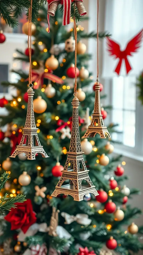 Eiffel Tower ornaments hanging from a Christmas tree