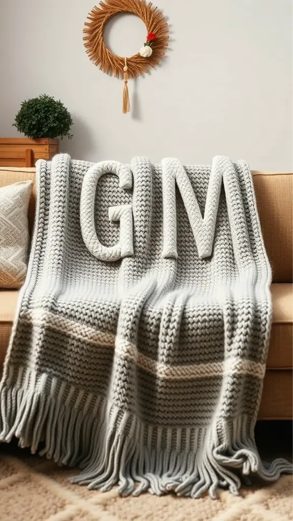 A personalized gray throw blanket with initials 'GM' draped over a couch.