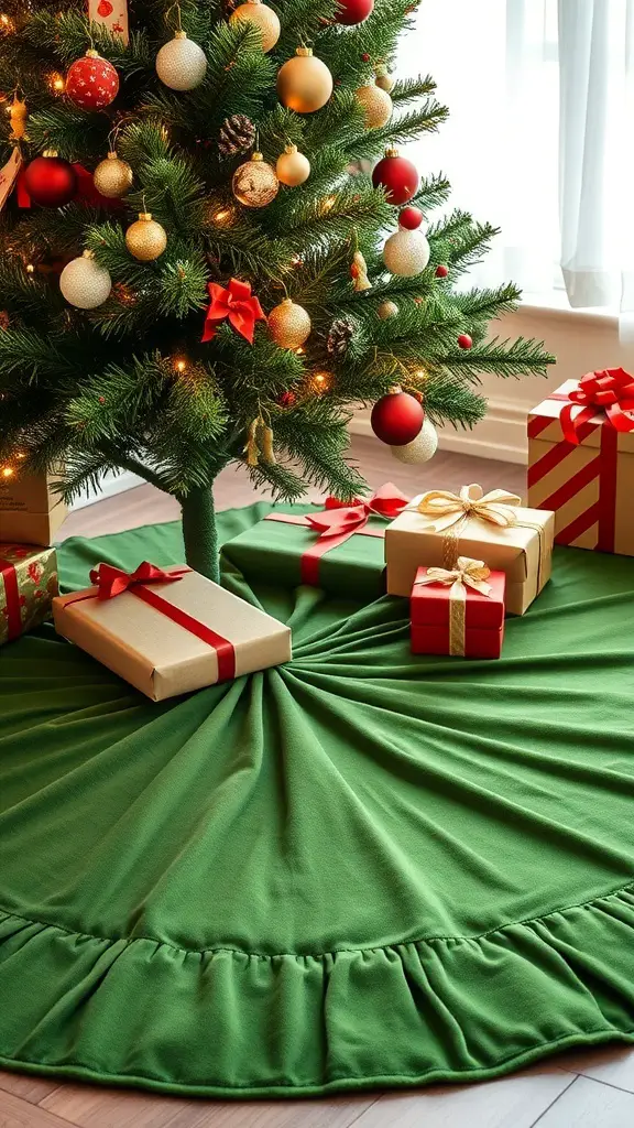 A green velvet tree skirt under a decorated Christmas tree with presents.