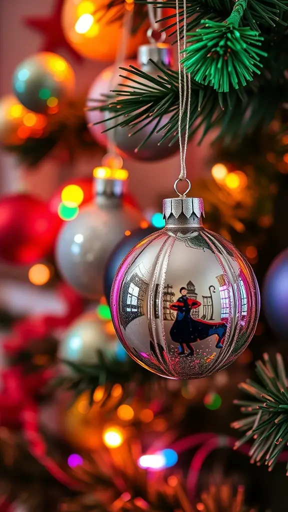 A close-up of a shiny glass ornament hanging on a Christmas tree, reflecting colorful lights and decorations.