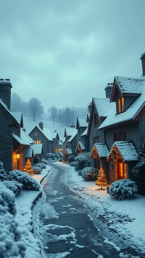A snowy street lined with decorated cottages, glowing warmly in the winter evening.