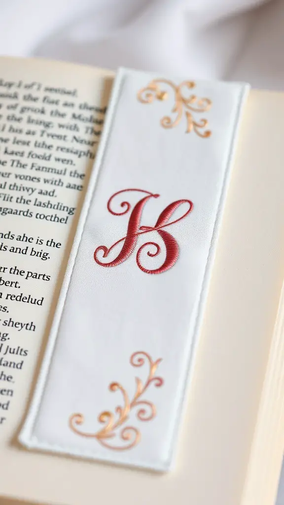 Embroidered bookmark with the letter 'H' and decorative swirls