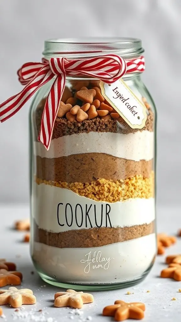 23 Affordable DIY Christmas Gifts for Everyone on Your List 7 A layered recipe jar filled with ingredients for baking, decorated with a red ribbon and a label.