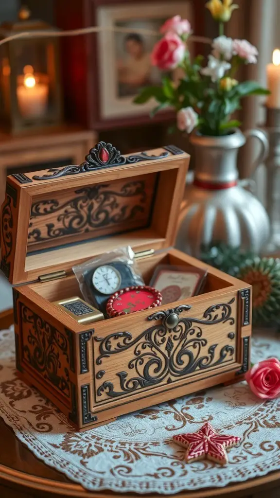 31+ Thoughtful Anniversary Gift Ideas for Every Couple 14 Engraved wooden keepsake box with intricate designs, open to reveal small items inside.