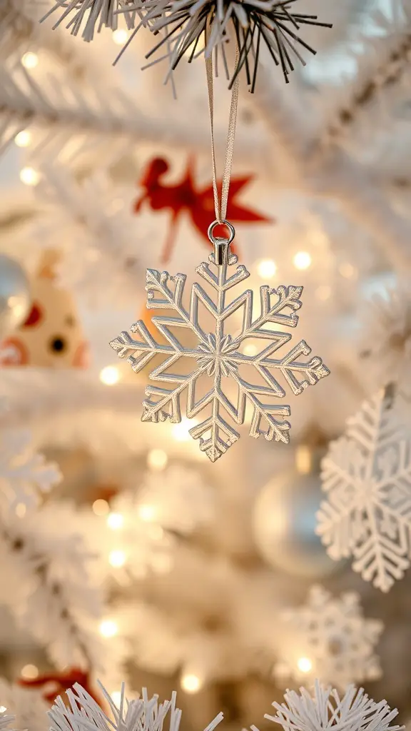 A delicate snowflake ornament hanging on a Christmas tree with soft lights in the background.