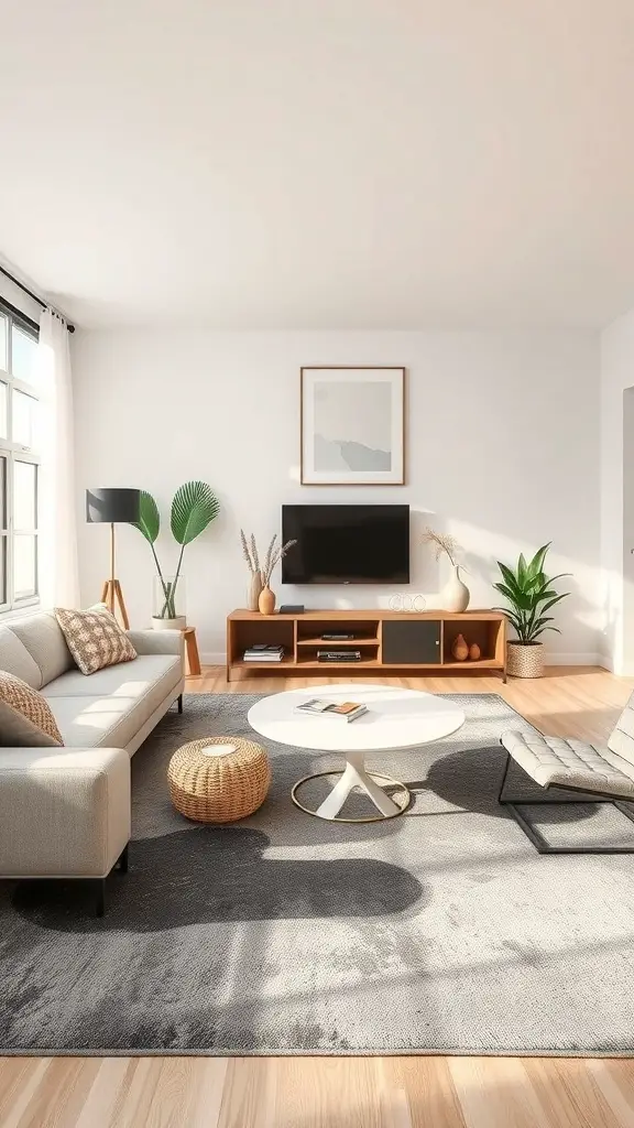 29+ Stunning Abstract Rugs to Elevate Your Living Room Decor 12 A modern living room featuring a beige sofa, abstract rug, and plants, showcasing a balance of light and dark tones.