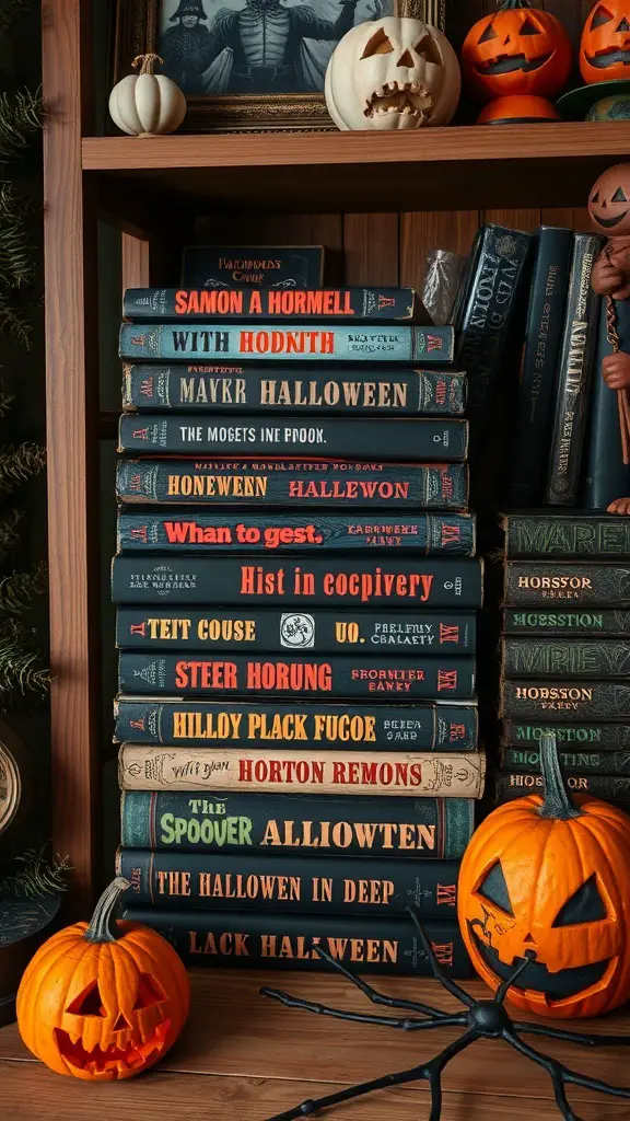 A shelf filled with vintage horror books and carved pumpkins for Halloween