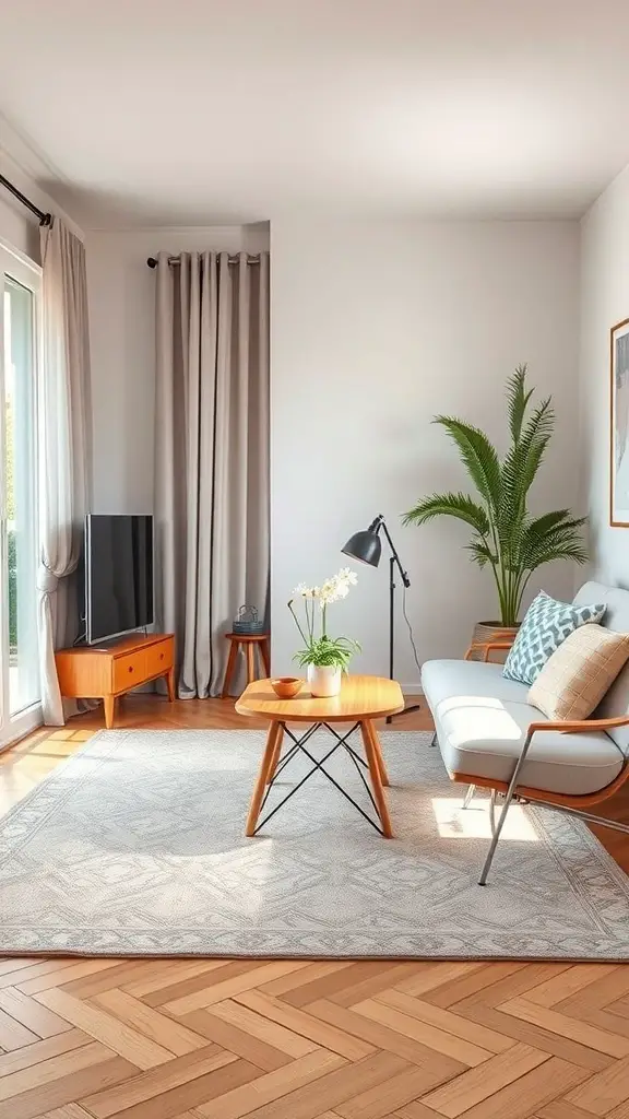 29+ Budget-Friendly Small Room Ideas to Maximize Space 16 A small living room with a light sofa, coffee table, and plant, showcasing lightweight furniture.