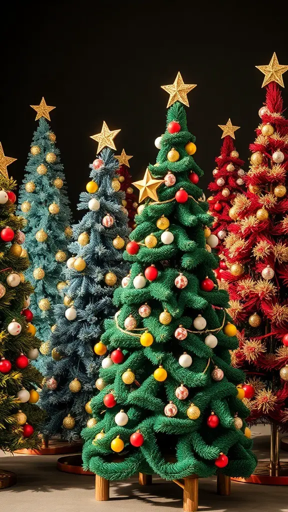 Colorful 70s style Christmas trees in various shapes and sizes.