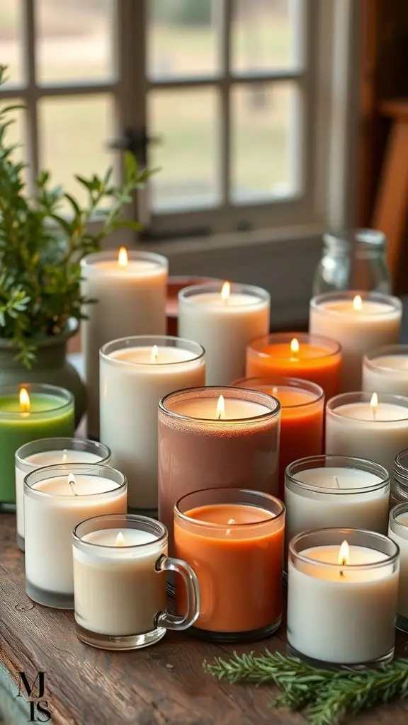 A collection of hand-poured soy candles in various colors and sizes, glowing warmly on a wooden table.