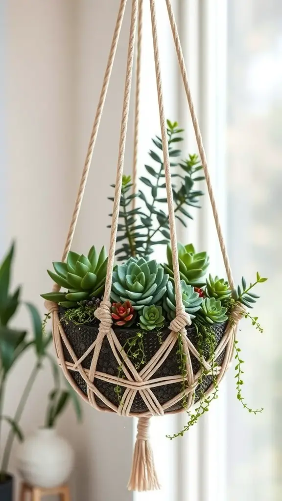 A hanging macrame planter filled with various succulents, showcasing a blend of greens and reds.