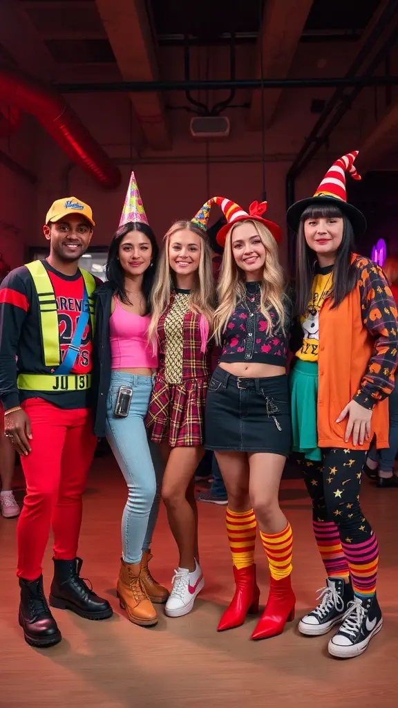 A group of friends dressed in colorful 90s Halloween costumes, showcasing retro fashion.