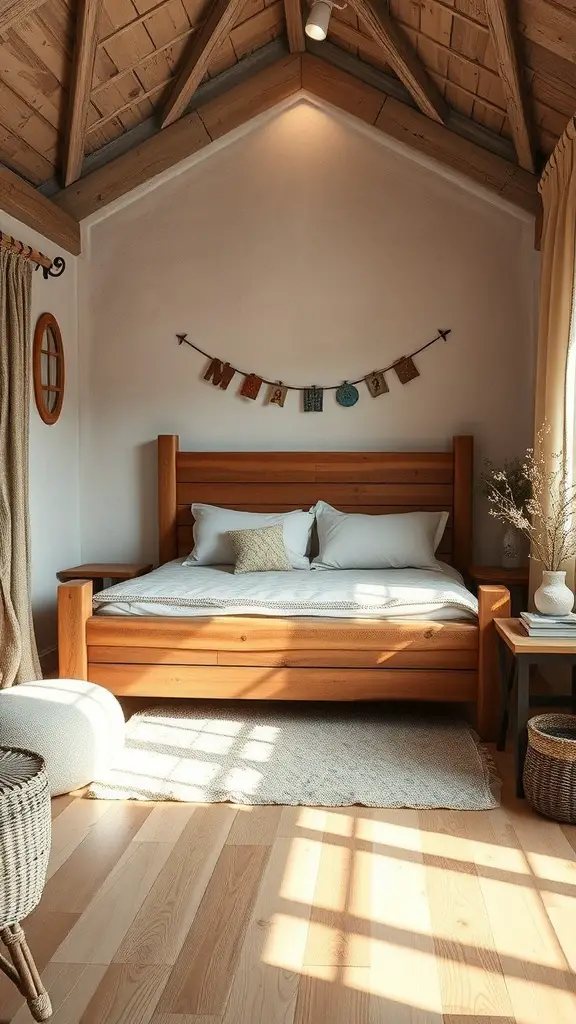 25+ Stylish Bedframe Ideas for Small Rooms 13 A cozy bedroom featuring a rustic wooden bed frame, natural light, and warm decor.
