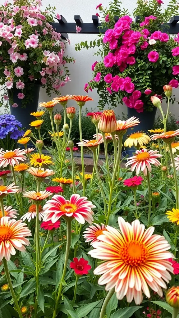 27+ Stunning Greek Garden Ideas for a Mediterranean Oasis 14 A colorful display of seasonal flowers in a garden, featuring orange and yellow daisies with pink and purple blooms in pots.