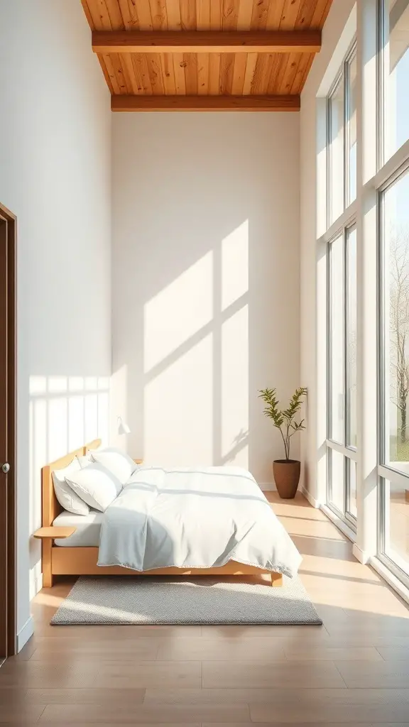 27+ Creative Long and Narrow Bedroom Ideas for Maximizing Space 11 Bright and airy long narrow bedroom with large windows and wooden ceiling