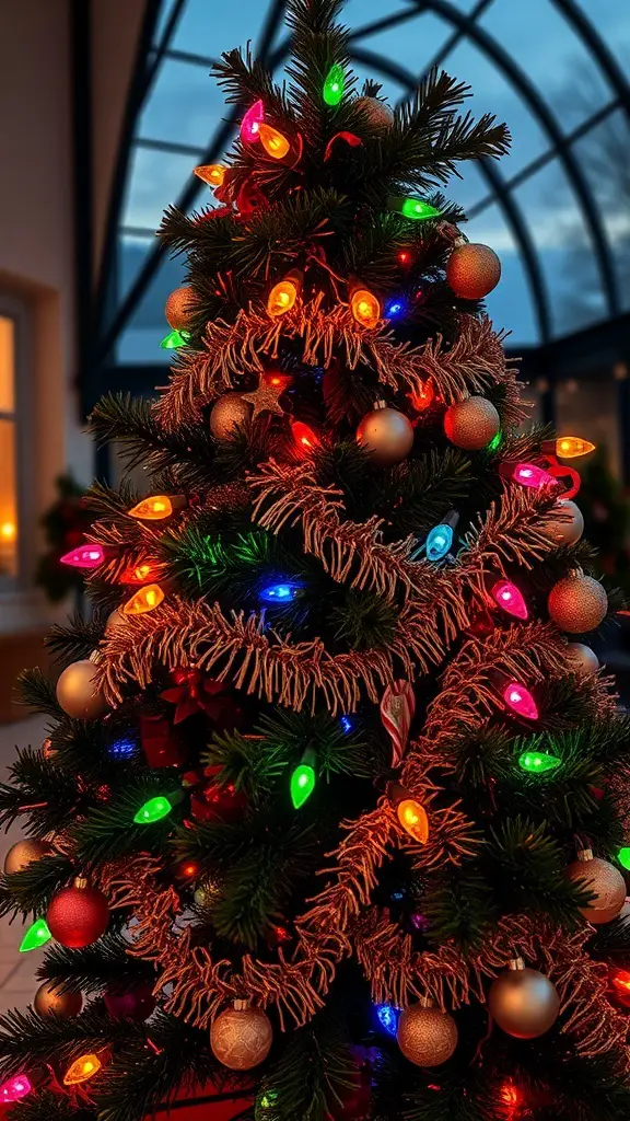 A Christmas tree adorned with colorful lights and tinsel, creating a festive atmosphere.