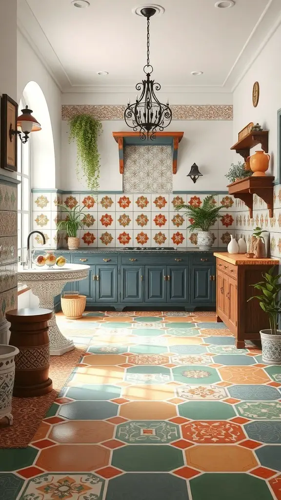 29+ Inspiring Spanish Revival Home Designs You’ll Love 8 A vibrant kitchen featuring Spanish tiles with intricate patterns and a mix of colors.