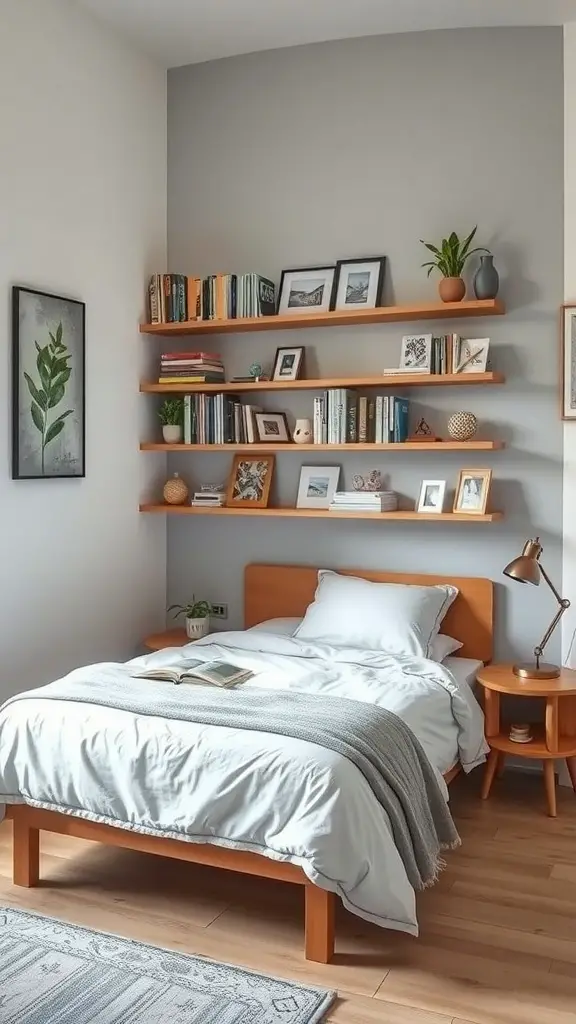 A small room featuring a full-size bed and a wall-mounted shelving unit filled with books and decorative items.