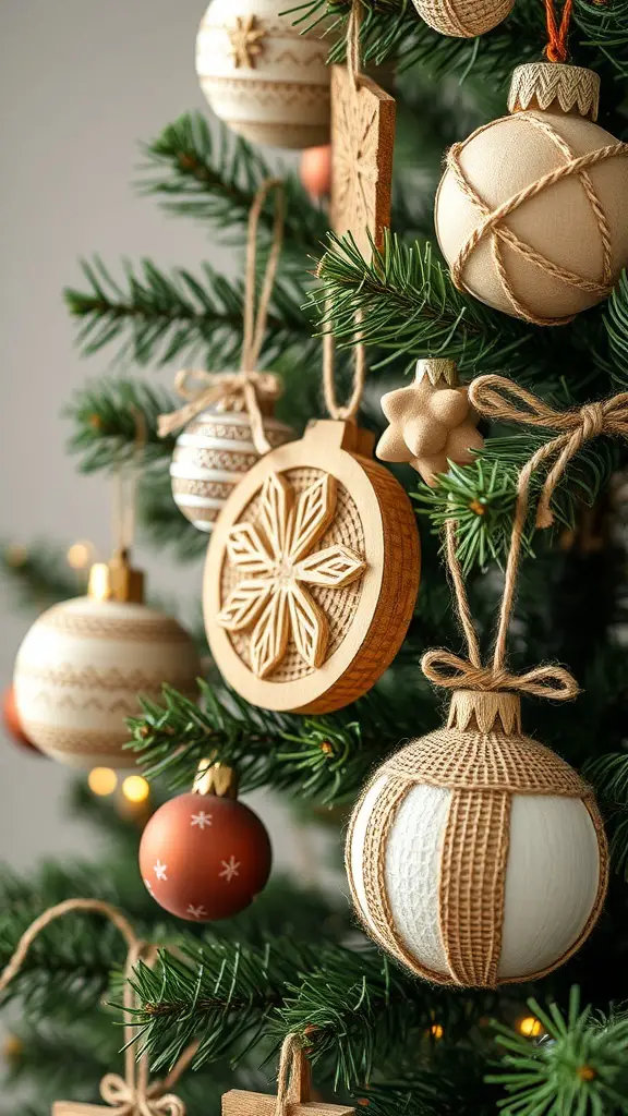 A Christmas tree decorated with rustic ornaments in warm tones of brown and green.