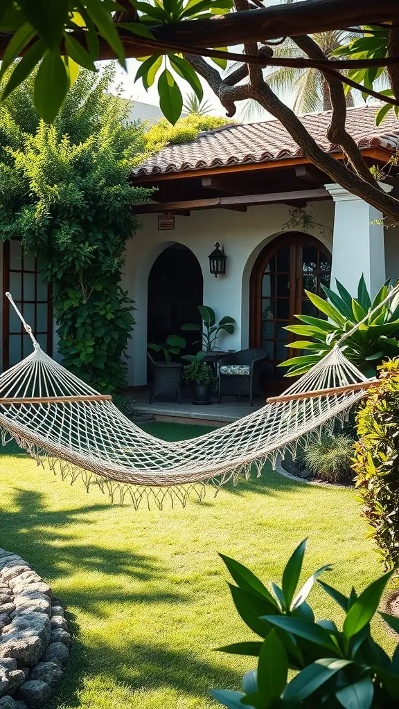 25+ Stunning Spanish Beach House Designs You’ll Love 12 A cozy hammock in a green garden area near a Spanish beach house.