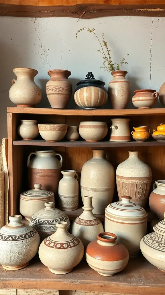 A variety of handmade pottery displayed on a wooden shelf, featuring different shapes and designs.