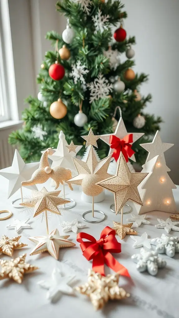 A selection of Christmas tree toppers including stars and a reindeer, with a decorated Christmas tree in the background.