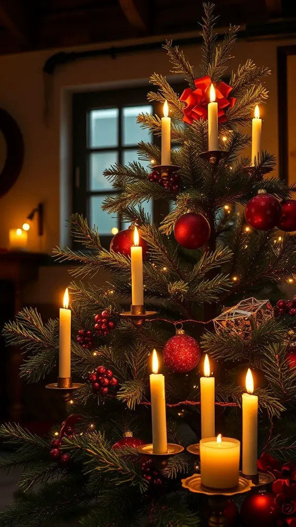 A beautifully decorated Christmas tree with candles, ornaments, and a warm glow.