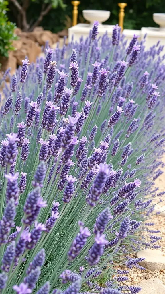 27+ Stunning Greek Garden Ideas for a Mediterranean Oasis 11 A close-up view of lush lavender plants with purple flowers in a garden setting.