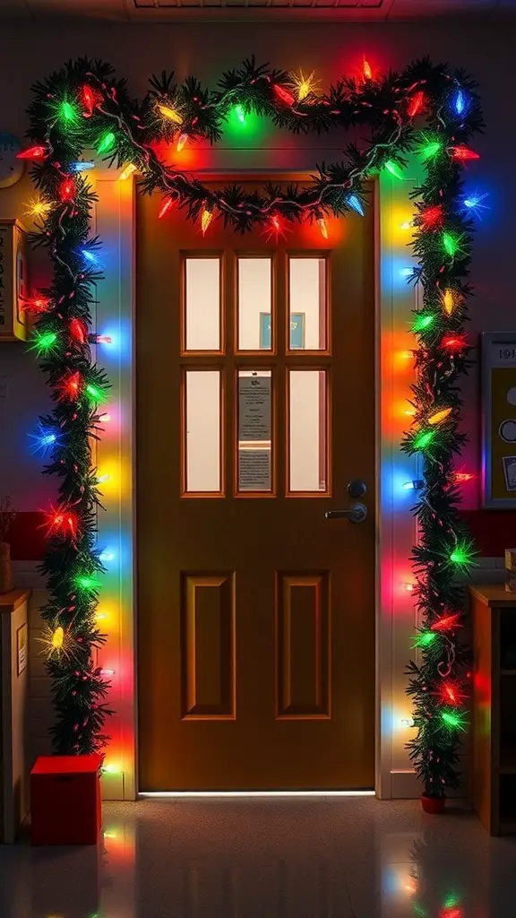 Colorful holiday lights decorating a classroom door