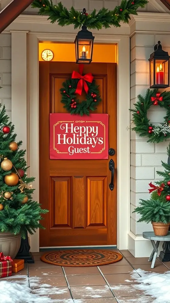 A front door decorated for the holidays with a sign that reads 'Happy Holidays Guest', surrounded by wreaths and festive decor.