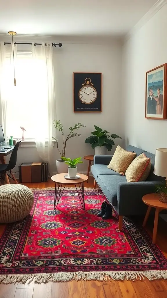 29+ Budget-Friendly Small Room Ideas to Maximize Space 11 A cozy living room featuring a colorful rug under a coffee table, a blue sofa, and plants.