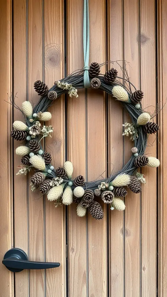 A rustic wreath made of pinecones and dried flowers hanging on a wooden door.