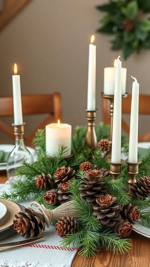 A festive table setting featuring natural pinecone accents, greenery, and candles.