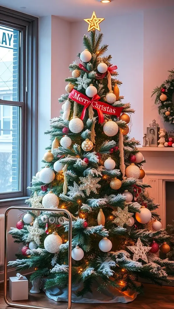 A beautifully decorated Christmas tree with white and gold ornaments, a red 'Merry Christmas' ribbon, and soft lighting, creating a snowy winter look.