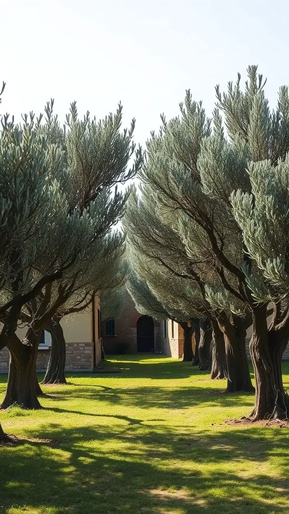 29+ Inspiring Tuscan Landscape Design Ideas You’ll Love 6 A pathway lined with olive trees leading to a rustic building, showcasing the beauty of a Tuscan landscape.