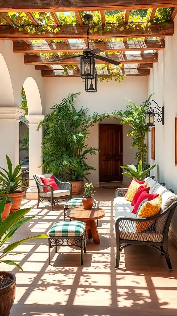 25+ Stunning Spanish Garden Hacienda Style Ideas to Transform Your Outdoor Space 10 A sun-drenched patio with comfortable seating, colorful cushions, and lush plants, perfect for relaxation.