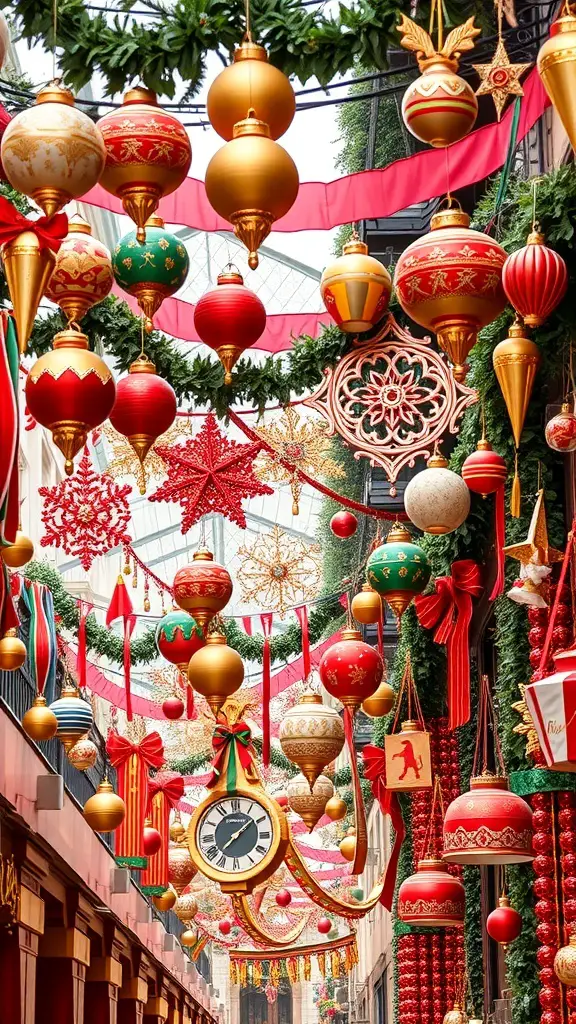 Colorful Spanish Christmas decorations with vibrant ornaments, ribbons, and greenery.