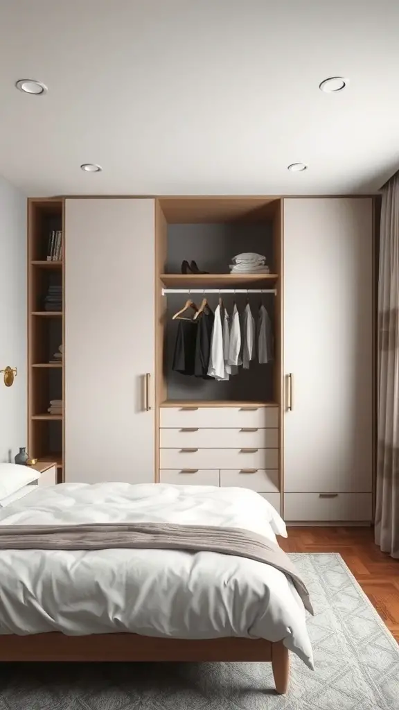 29+ Extra Small Bedroom Ideas to Maximize Space and Style 3 A modern built-in wardrobe in a small bedroom, featuring hanging space, drawers, and open shelves.