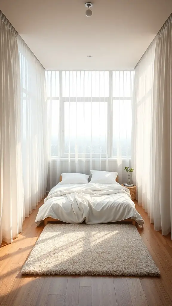 27+ Creative Small Rectangular Bedroom Ideas to Maximize Space 8 A small bedroom with sheer curtains allowing natural light to fill the space, featuring a bed with white bedding and a soft rug.