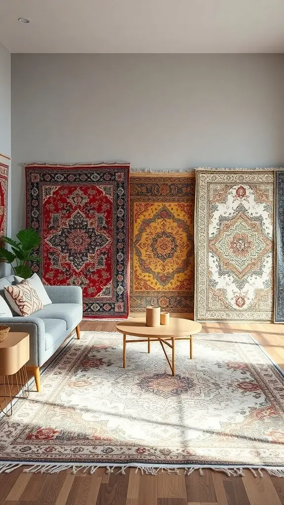 A living room with various rugs displayed on the wall, featuring a light blue sofa and a wooden coffee table.