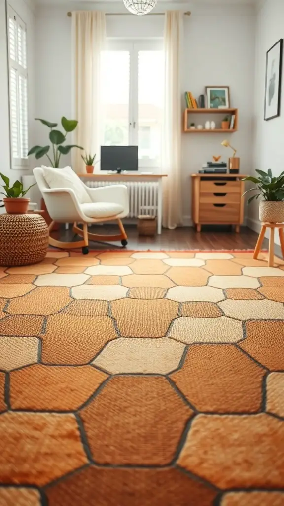 25+ Stunning Geometric Rug Designs for Your Home 7 A cozy room featuring a hexagonal honeycomb patterned rug in warm tones.