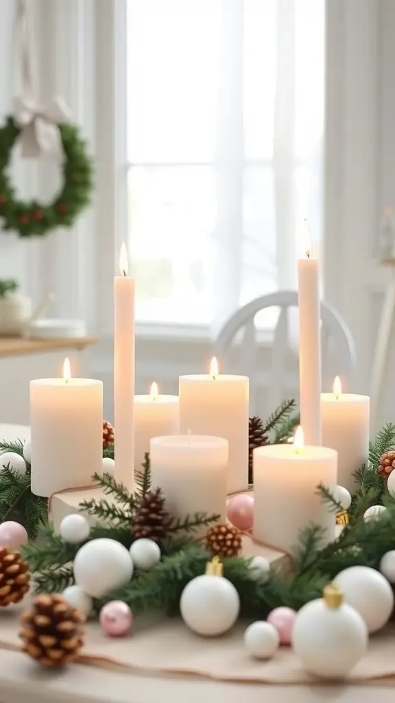 A cozy holiday table arrangement featuring white candles, pinecones, and ornaments.