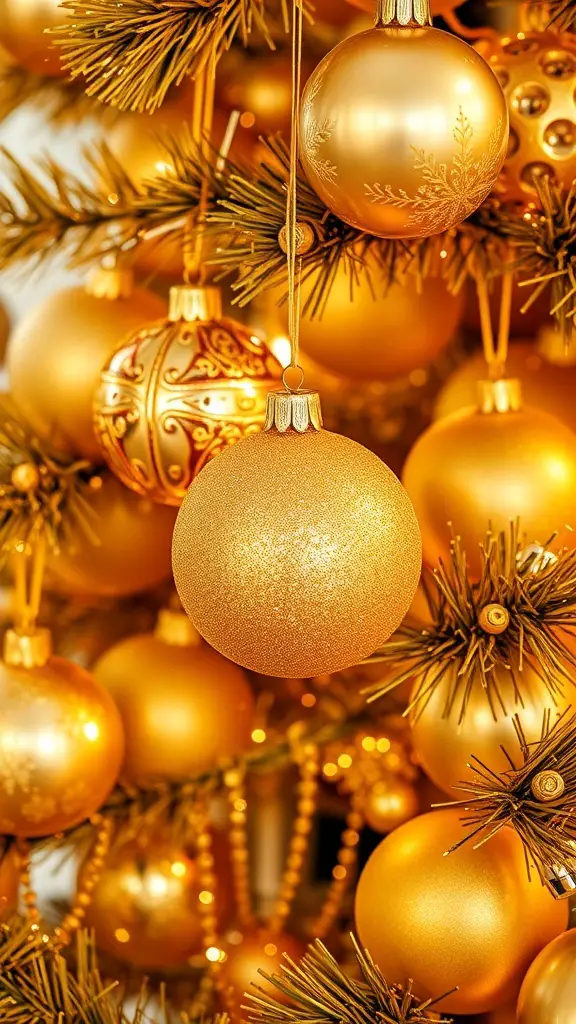 Close-up of golden ornaments hanging on a Christmas tree