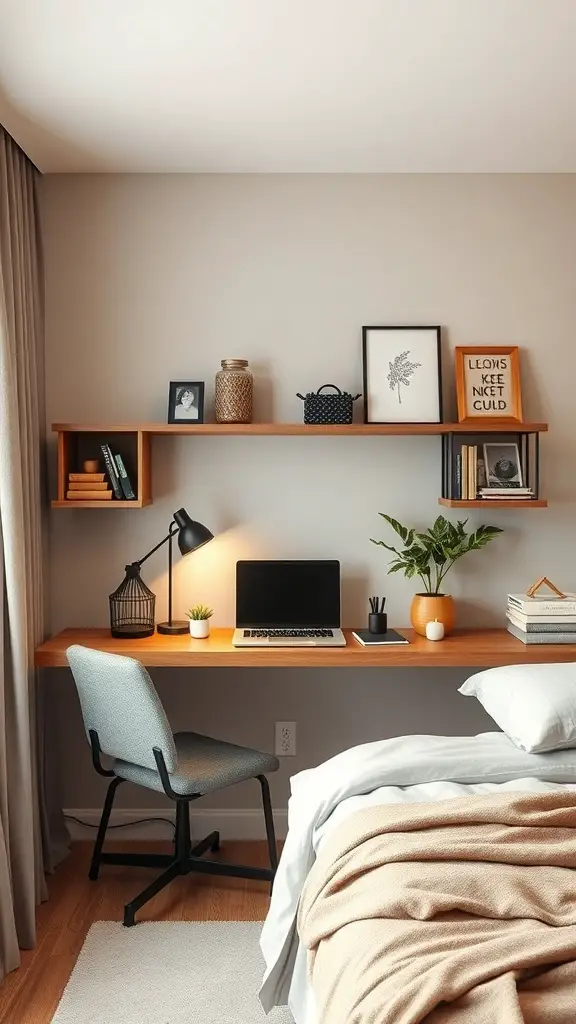 A stylish wall-mounted desk in a small bedroom, featuring a wooden desk, shelves, a chair, and decorative items.