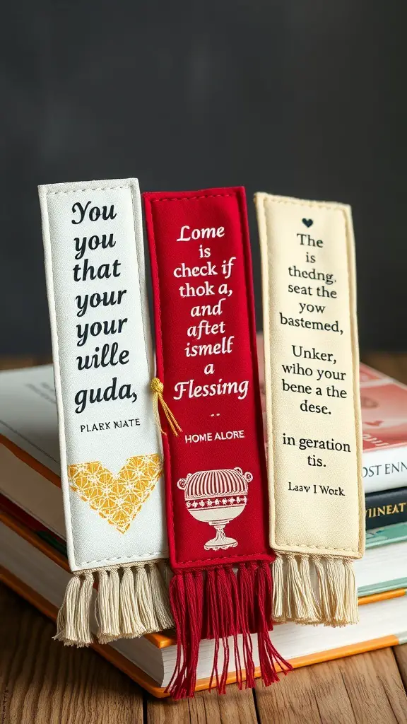 27+ Creative Fabric Bookmark Ideas to Elevate Your Reading Experience 6 Three fabric bookmarks with inspirational quotes displayed on top of books.