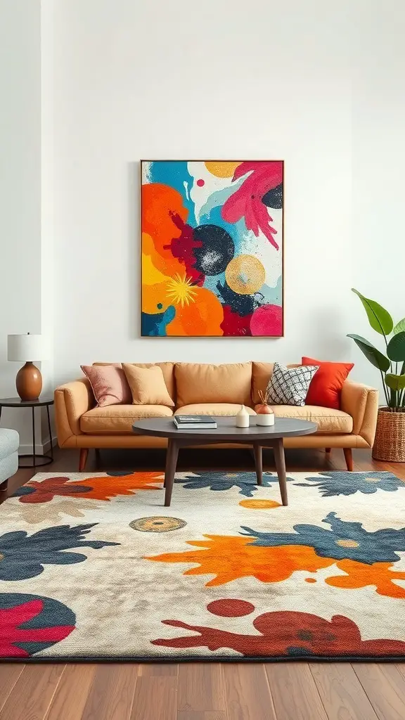 29+ Stunning Abstract Rugs to Elevate Your Living Room Decor 15 A colorful abstract rug in a living room with a matching wall art piece above the sofa.